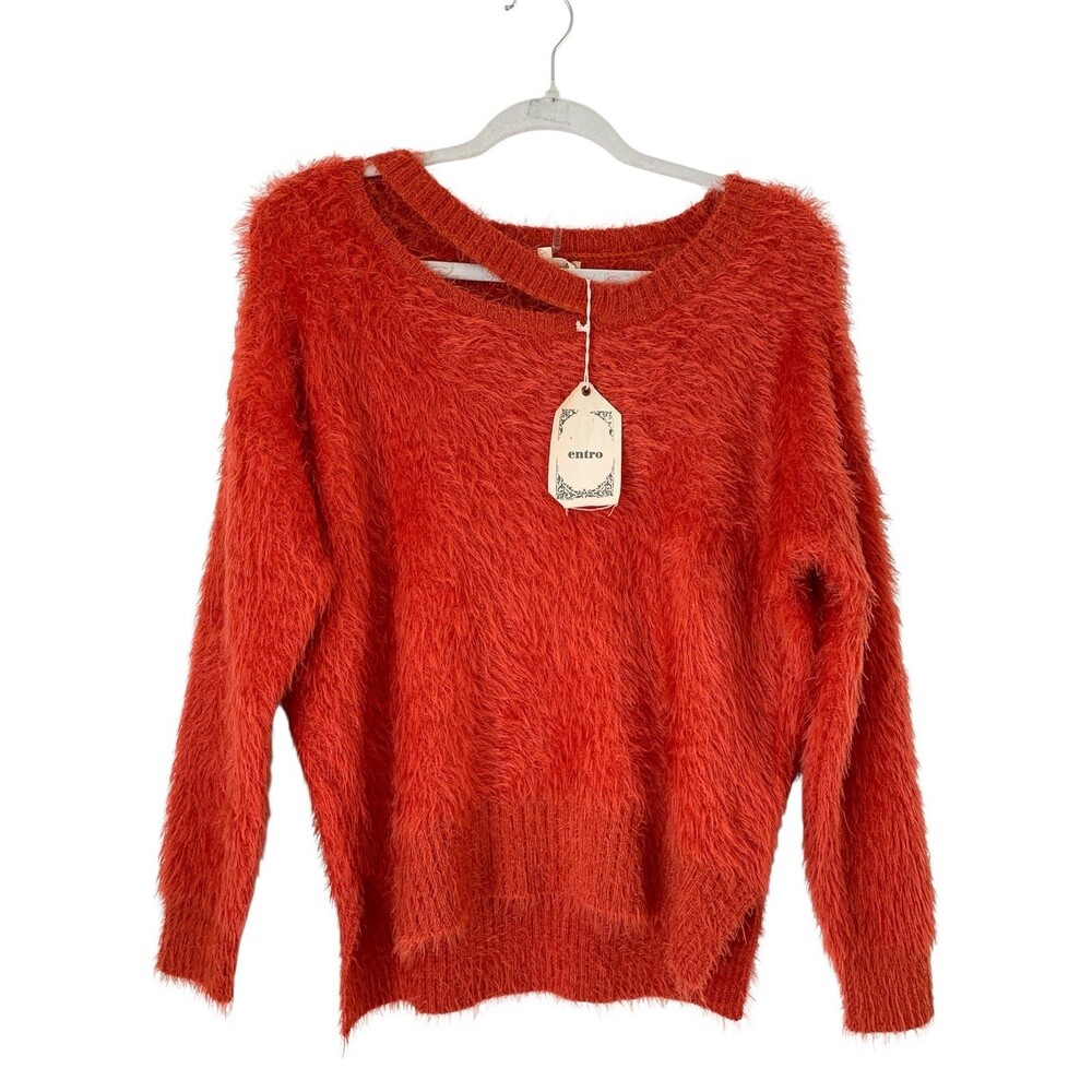 NWT Entro Fuzzy Knit Cutout Crewneck Sweater Orange - Size Small
